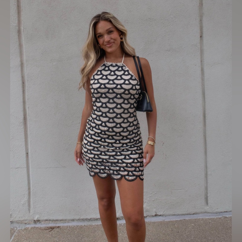 Black & Cream Crochet Halter Mini Dress